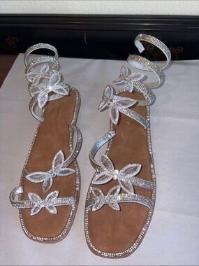 Sandals with ankle strap and  butterflies with rhinestones